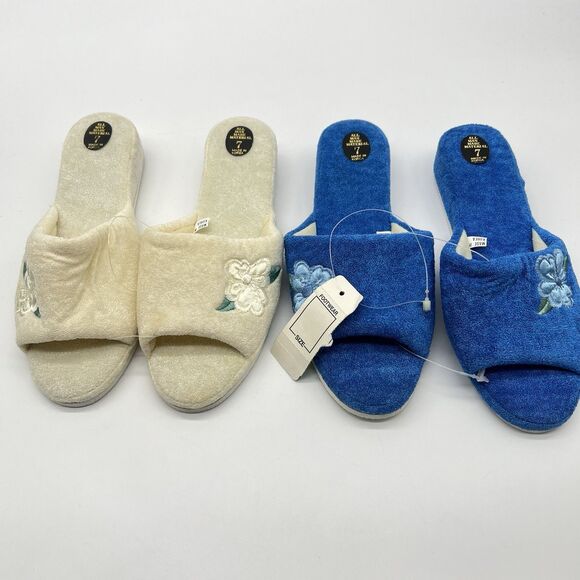 VTG 2 Pairs of 1980s Blue/Cream Terry Cloth Slippers w/Floral Applique NOS-Sz 7 - Picture 1 of 8